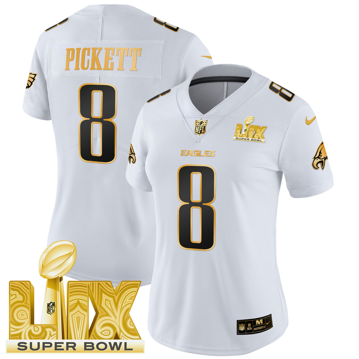 Women's Philadelphia Eagles Super Bowl LIX Patch Gold Vapor Limited Jersey - All Stitched
