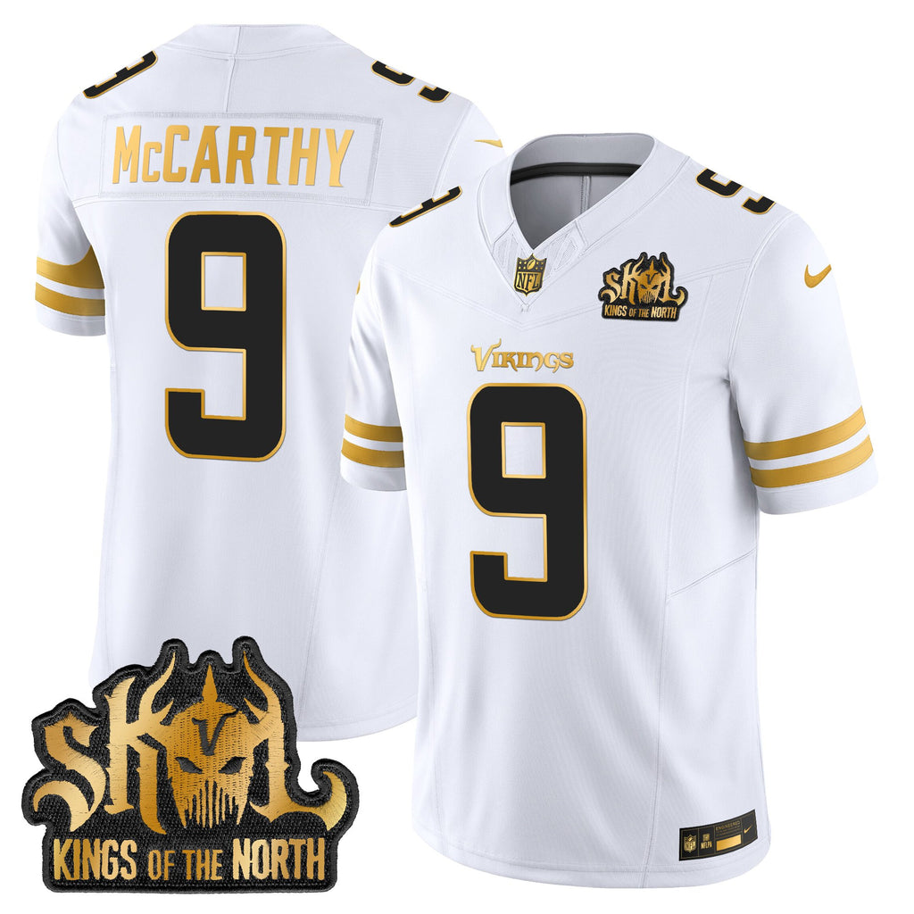 Men's Minnesota Vikings 2025 Gold Vapor Limited Jersey - Kings Of The North Patch - All Stitched