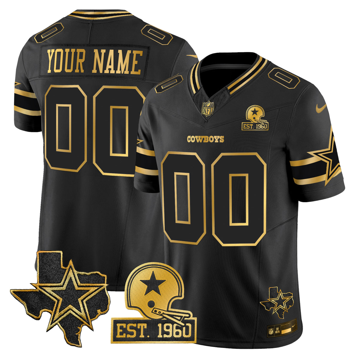 Dallas Cowboys Est. 1960 & Texas Patch Gold Vapor Limited Custom Jersey - All Stitched