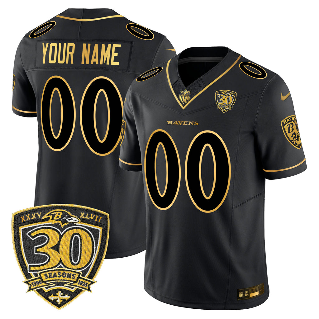 Baltimore Ravens 2025 Gold Vapor Limited Custom Jersey - 30th Anniversary Patch - All Stitched
