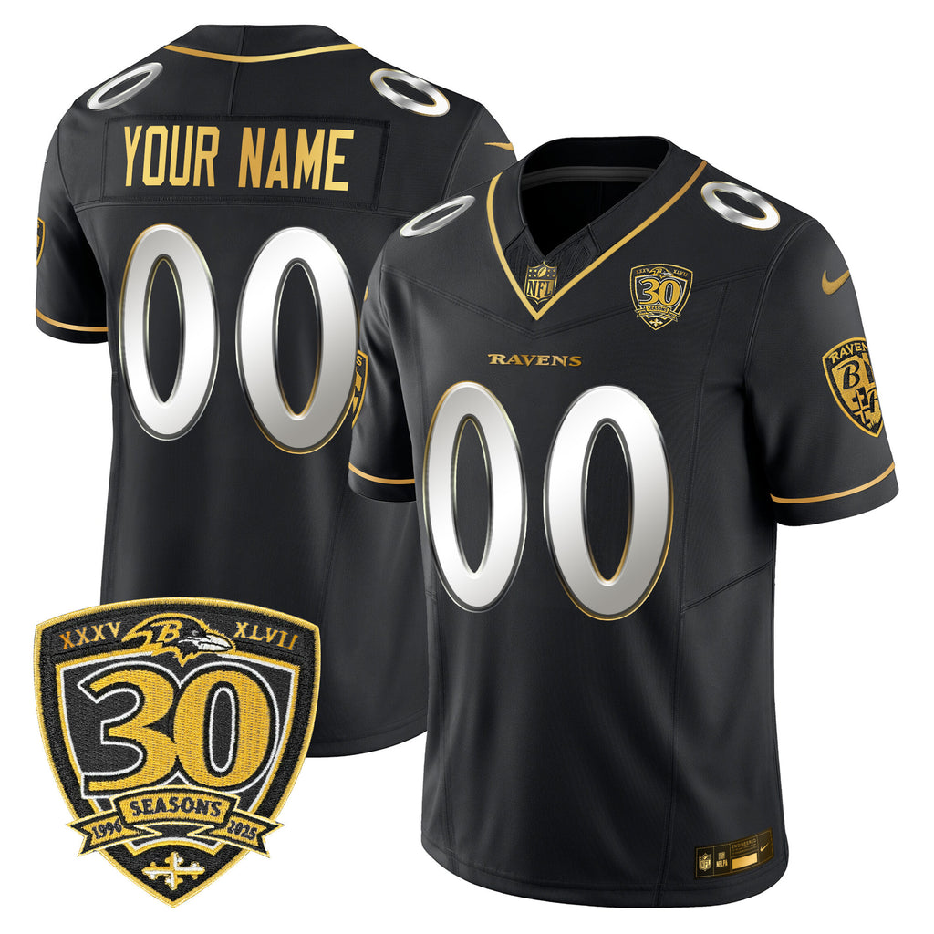 Baltimore Ravens 2025 Gold Vapor Limited Custom Jersey - 30th Anniversary Patch - All Stitched