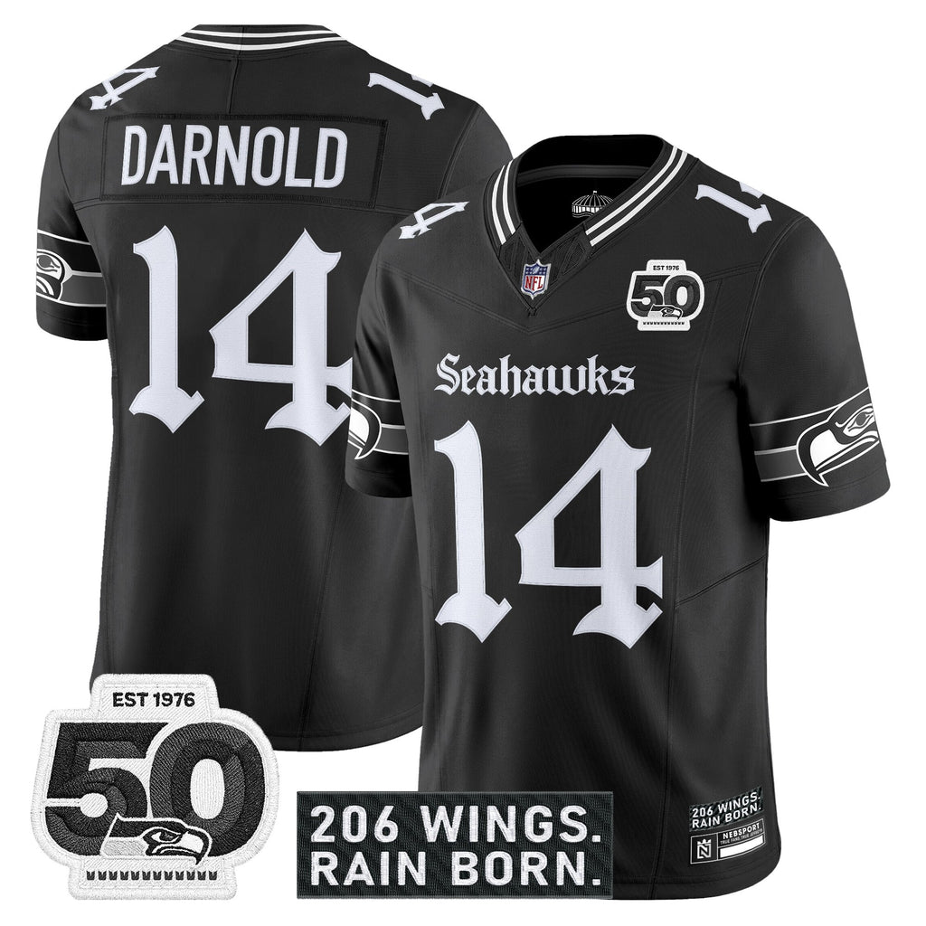 Men's Seattle Seahawks 'Gothic Rain City Shadows Edition' Vapor Jersey - 50th Anniversary Patch - All Stitched