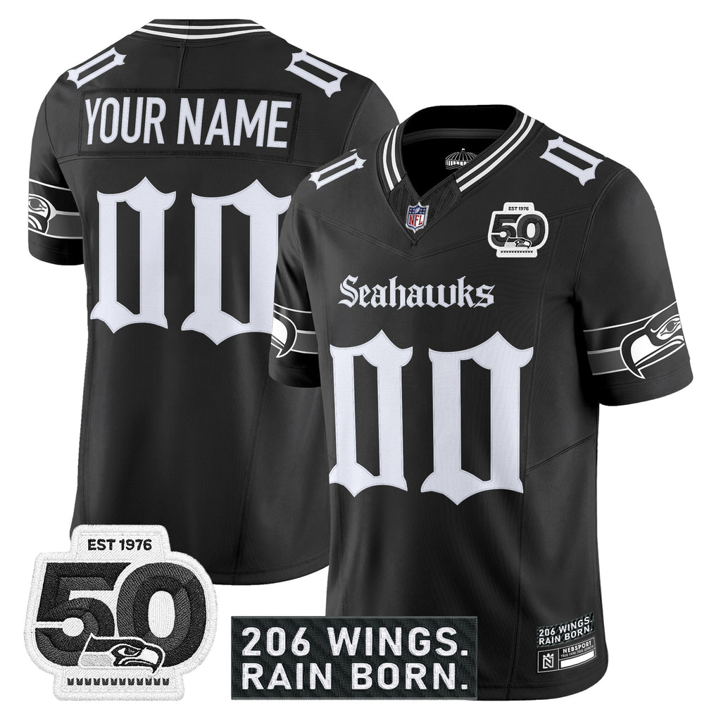 Seattle Seahawks 'Gothic Rain City Shadows Edition' Vapor Custom Jersey - 50th Anniversary Patch - All Stitched