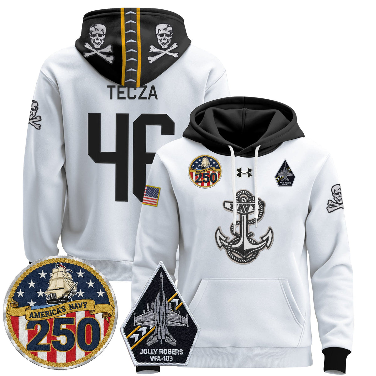 Men's Navy Midshipmen 'Jolly Rogers Edition' Pullover Hoodie - 250th Anniversary Patch - Stitched