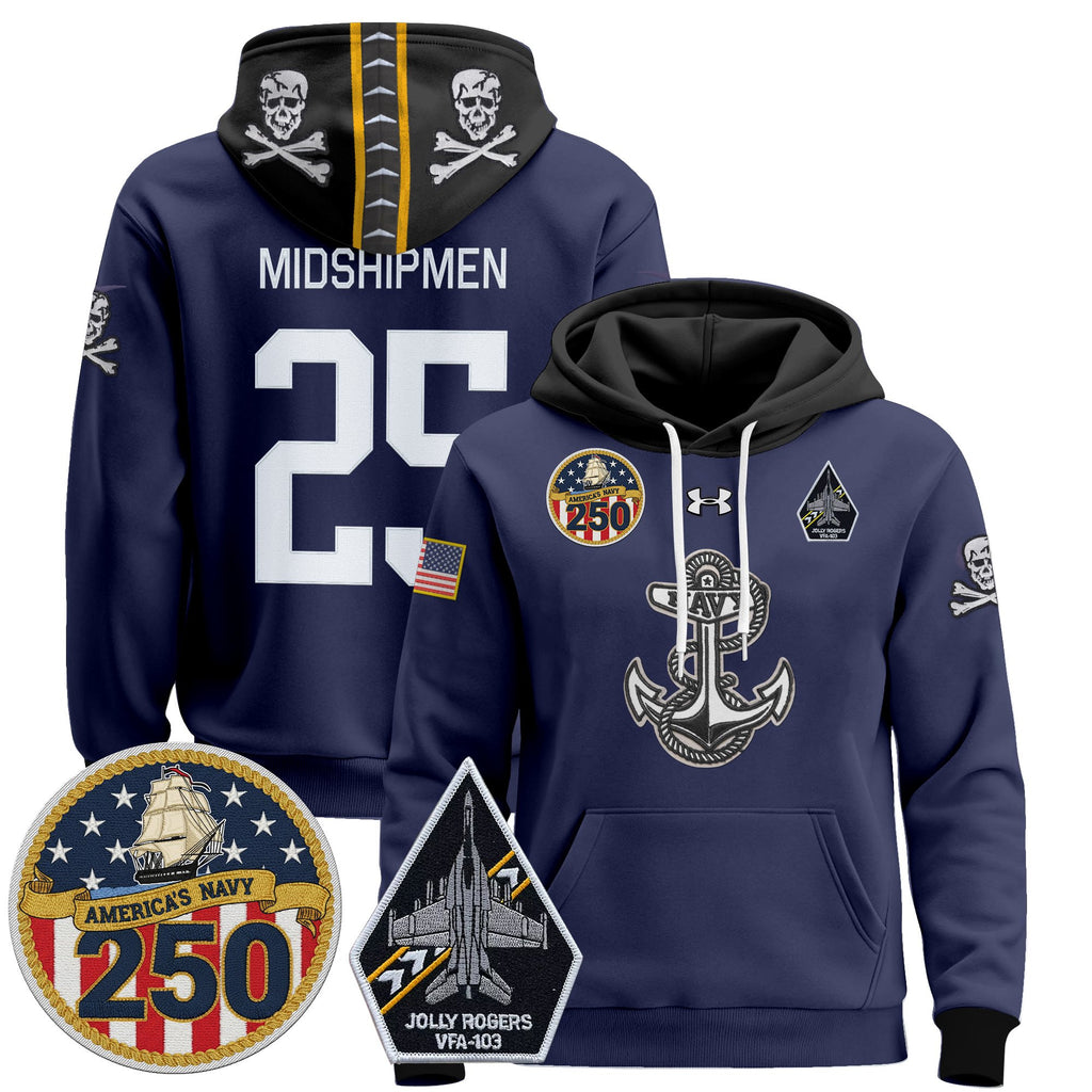 Men's Navy Midshipmen 'Jolly Rogers Edition' Pullover Hoodie - 250th Anniversary Patch - Stitched