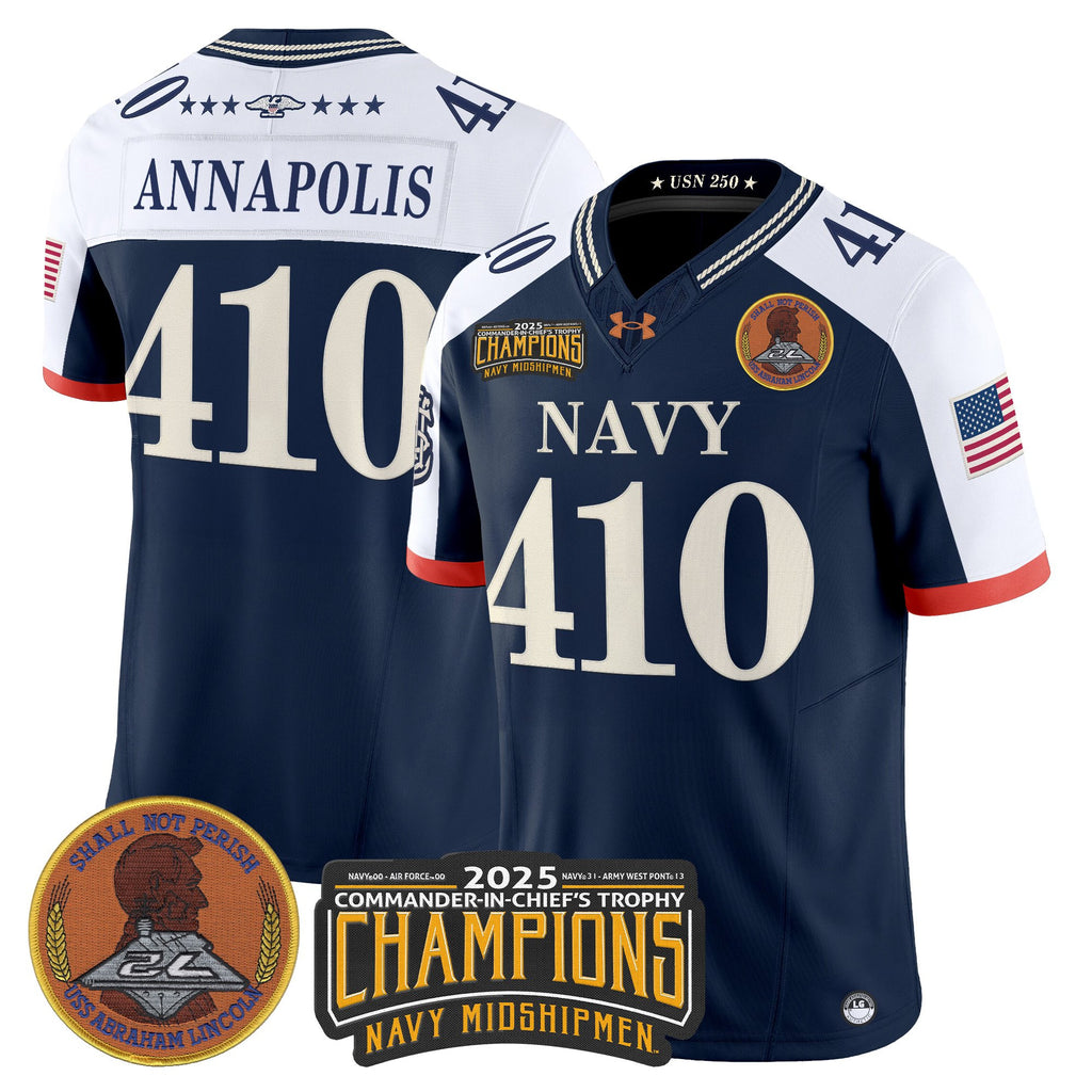 Men's Navy Midshipmen 250th Anniversary Vapor Limited Jersey - 2025 Commander-In-Chief's Trophy Champions Patch - Stitched