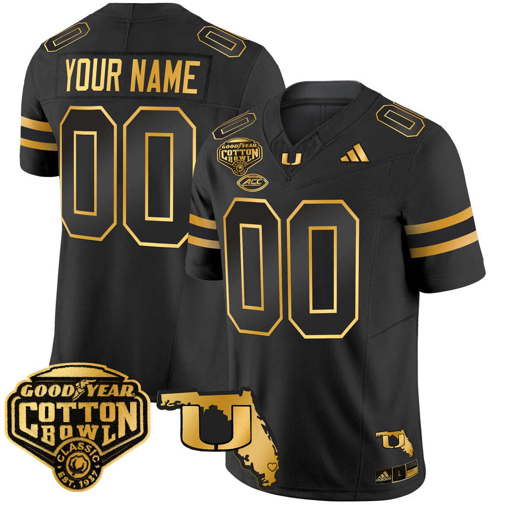 Miami Hurricanes 2025/26 Cotton Bowl & Florida Patch Gold Vapor Limited Custom Jersey - All Stitched