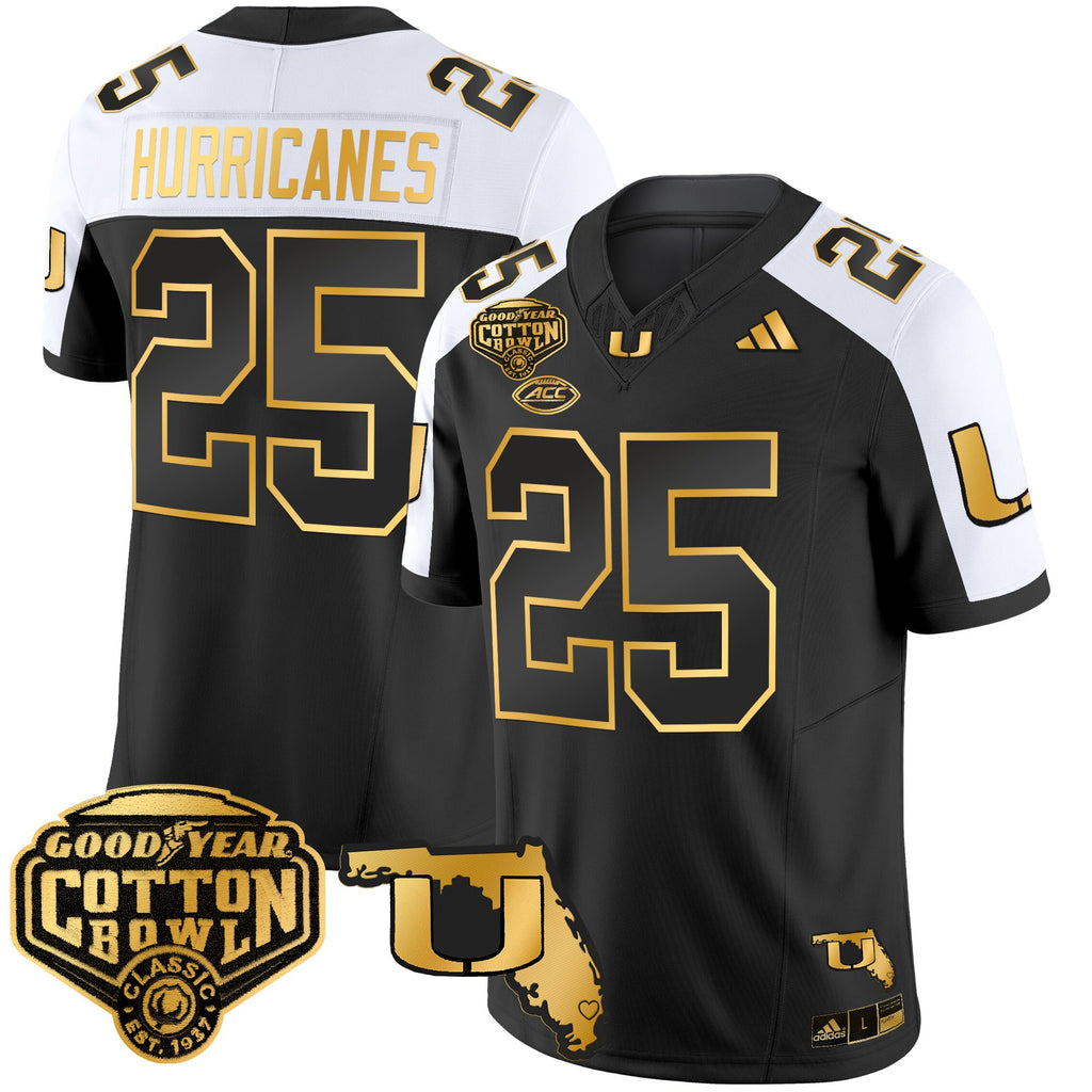 Men's Miami Hurricanes 2025/26 Cotton Bowl & Florida Patch Gold Vapor Limited Jersey - All Stitched