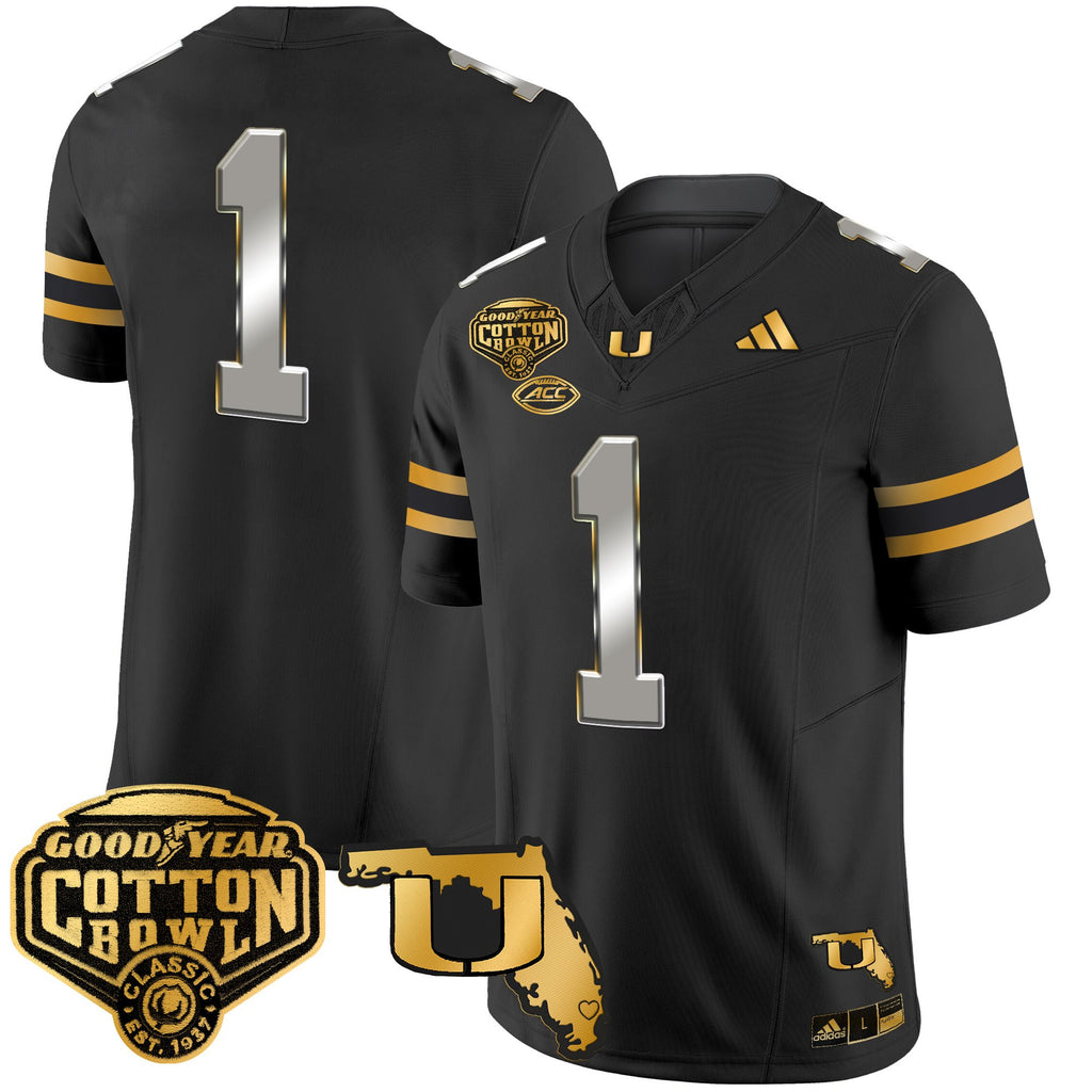 Men's Miami Hurricanes 2025/26 Cotton Bowl & Florida Patch Gold Vapor Limited Jersey - All Stitched