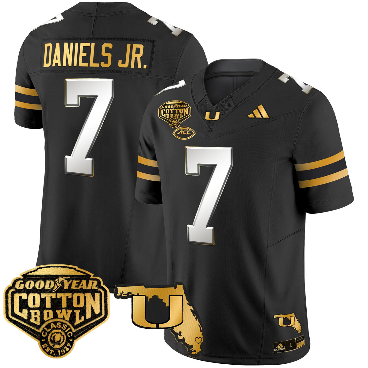 Men's Miami Hurricanes 2025/26 Cotton Bowl & Florida Patch Gold Vapor Limited Jersey - All Stitched