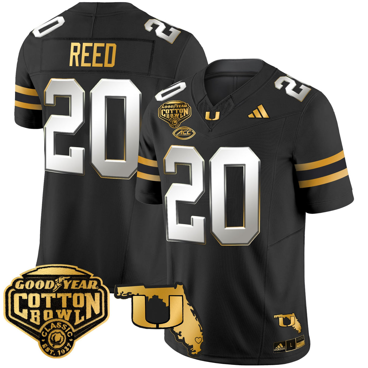 Men's Miami Hurricanes 2025/26 Cotton Bowl & Florida Patch Gold Vapor Limited Jersey - All Stitched