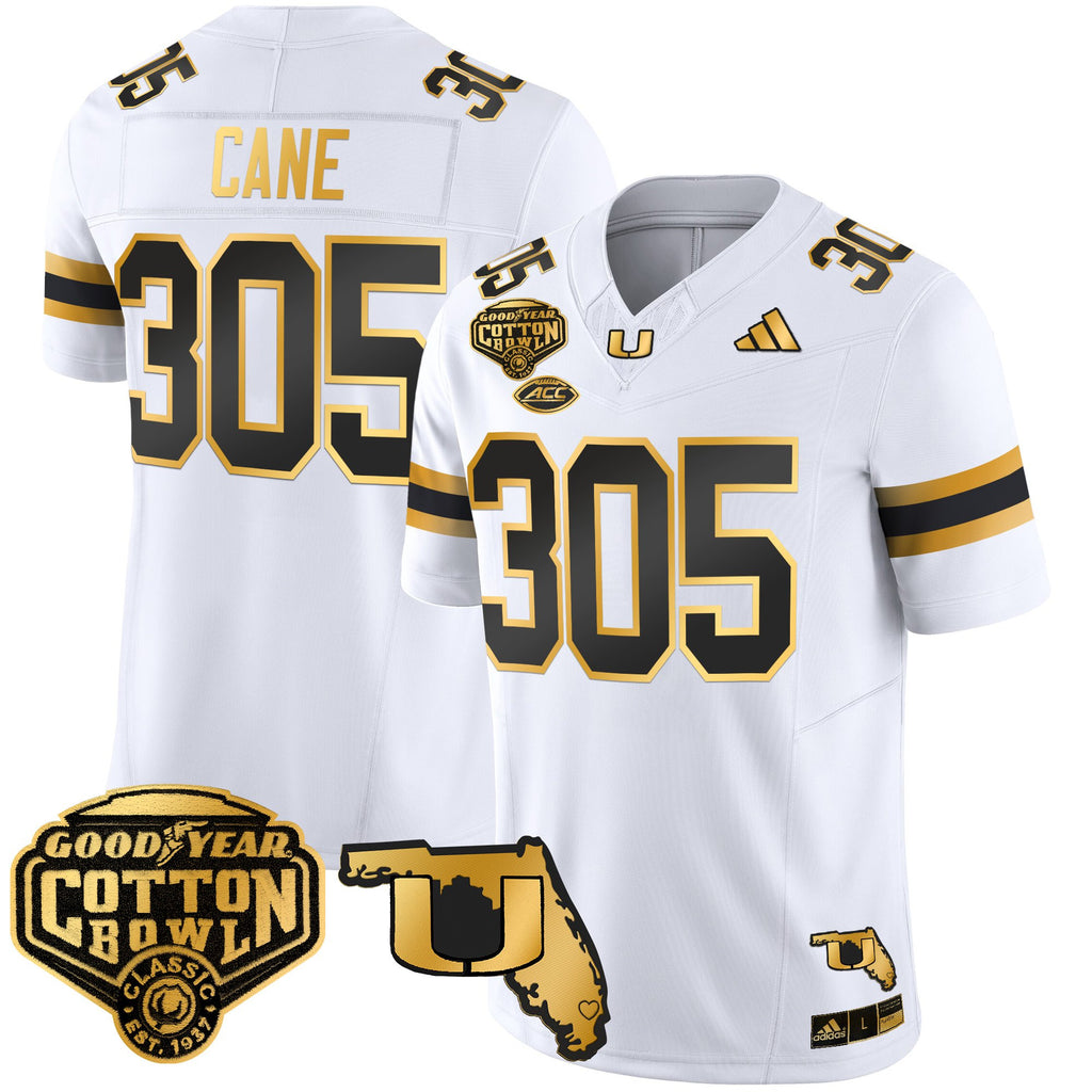 Men's Miami Hurricanes 2025/26 Cotton Bowl & Florida Patch Gold Vapor Limited Jersey - All Stitched