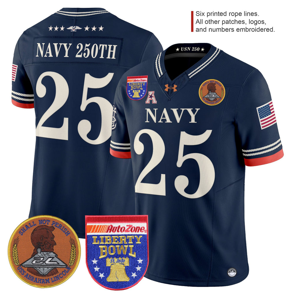Men's Navy Midshipmen 250th Anniversary Vapor Limited Jersey - 2026 Liberty Bowl Patch - Stitched
