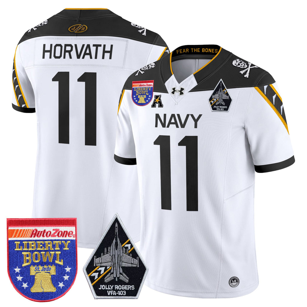 Men's Navy Midshipmen 'Jolly Rogers Edition' Vapor Limited Jersey - 2026 Liberty Bowl Patch - All Stitched