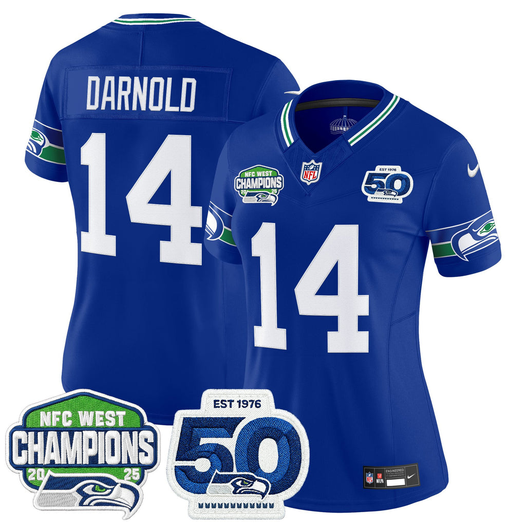 Women's Seattle Seahawks 2025 NFC West Division Champions & 50th Anniversary Patch Vapor Limited Jersey - All Stitched