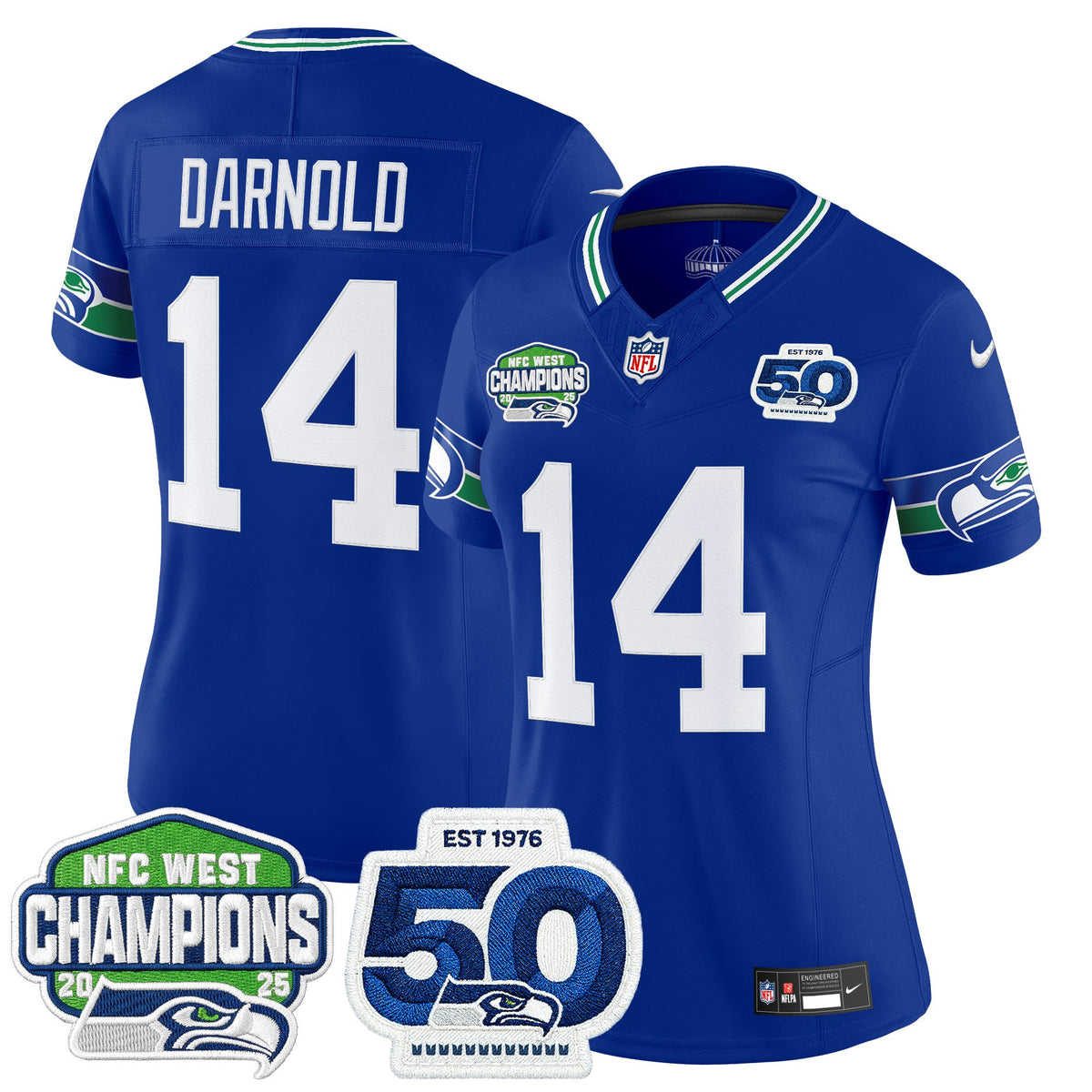 Women's Seattle Seahawks 2025 NFC West Division Champions & 50th Anniversary Patch Vapor Limited Jersey - All Stitched
