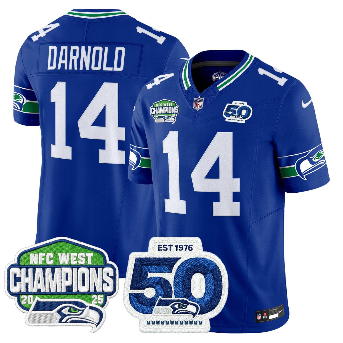 Men's Seattle Seahawks 2025 NFC West Division Champions & 50th Anniversary Patch Vapor Limited Jersey - All Stitched