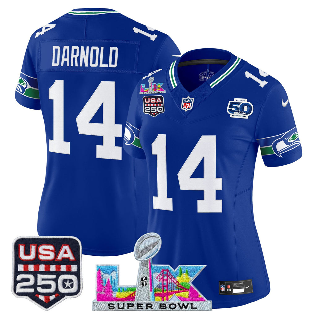 Women's Seattle Seahawks "Super Bowl LX & United States 250th Anniversary Patch" Vapor Limited Jersey - All Stitched